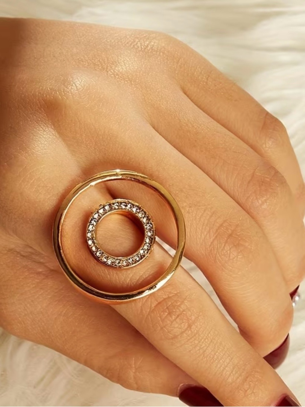 Gold Double-Circle Ring with Crystal Halo